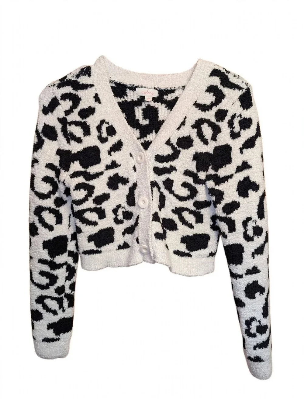 Cozy Fuzzy Leopard Cardigan White & Black - V-Neck Button Front Soft Knit Sweate